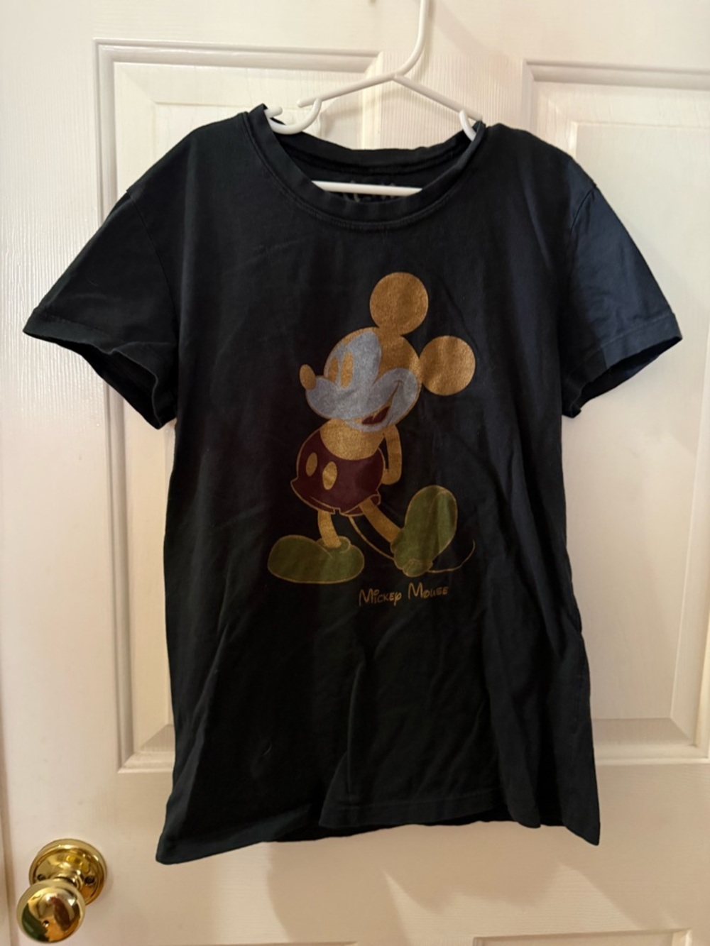 Disney Black Tee with Gold, Green and Silver Mickey Graphic L but fits like a M